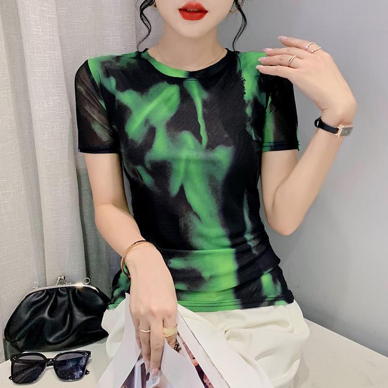 European-Style Gradient Mesh T-Shirt For Women 2025 Summer Design Round Neck Slim Short-Sleeve Top - Image 3