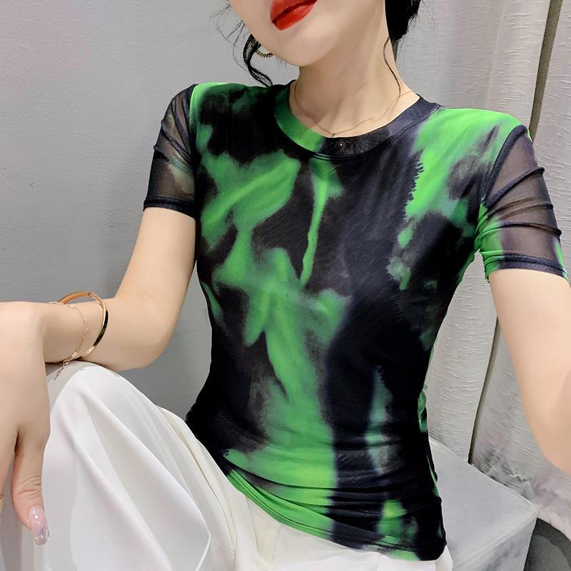 European-Style Gradient Mesh T-Shirt For Women 2025 Summer Design Round Neck Slim Short-Sleeve Top - Image 2