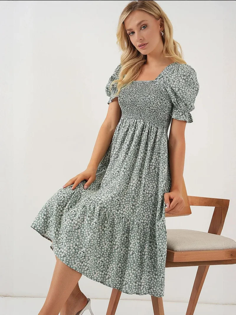 BIG DART BDART Floral Square Collar Midi Dress with Tie Closure