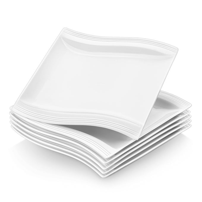 82 SQUARE DINNER PLATES SET OF 6 SMALL WHITE PORCELAIN PLATES FOR SALAD DESSERT APPETIZERS MAIN DISHES MICROWAVE DISHWASHER SAFE ELEGANT MODERN TABLEWARE