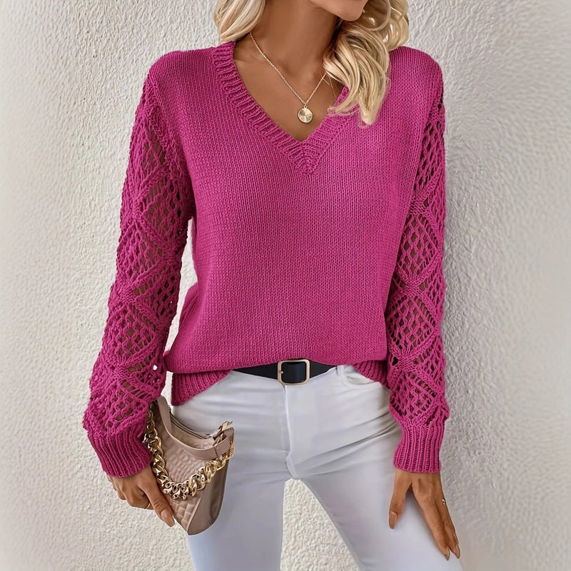 Women's V-Neck Hollow-Out Long Sleeve Knit Sweater - Image 3