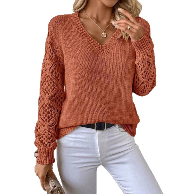 Women's V-Neck Hollow-Out Long Sleeve Knit Sweater - Image 5