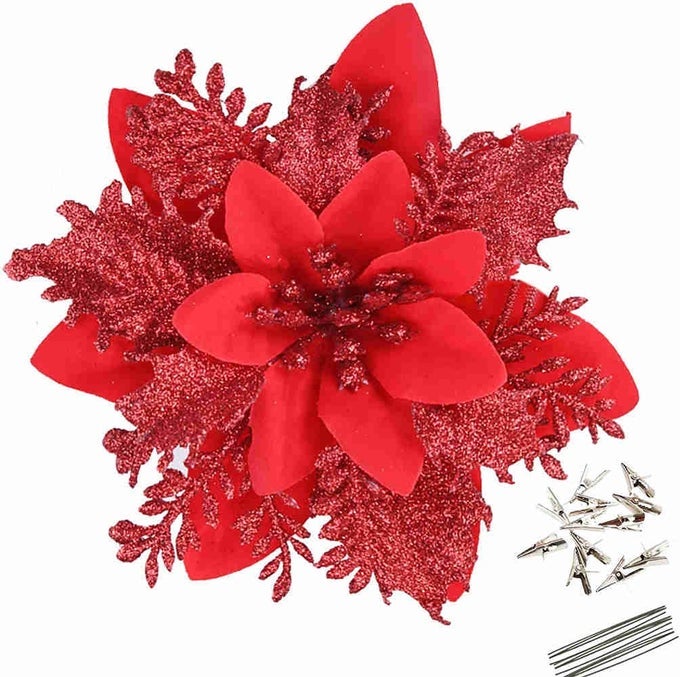 12 PCS GLITTER POINSETTIA 55 ARTIFICIAL FLOWERS CHRISTMAS WITH CLIPS STEMS XMAS TREE ORNAMENTS FOR WEDDING PARTY WREATH DECORATION LIGHT RED