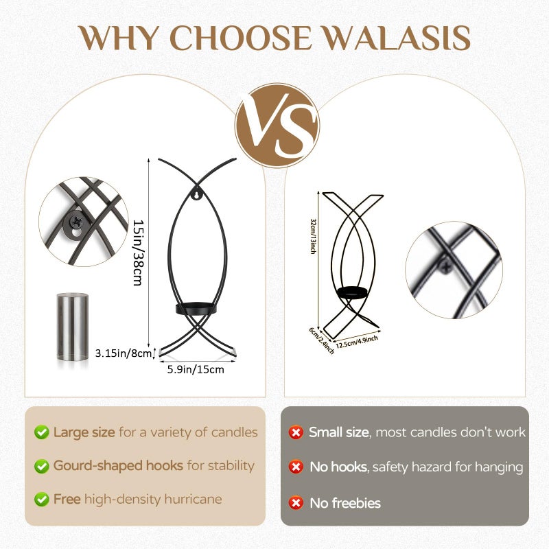 Walasis Candle Sconces Decorative Wall Art Set of 2 Black - Hurricane Candle Wall Sconce Decor Iron Two Candle Holders Modern Candle Sconces for Indoor Fireplace Kitchen Dining Room - Image 4