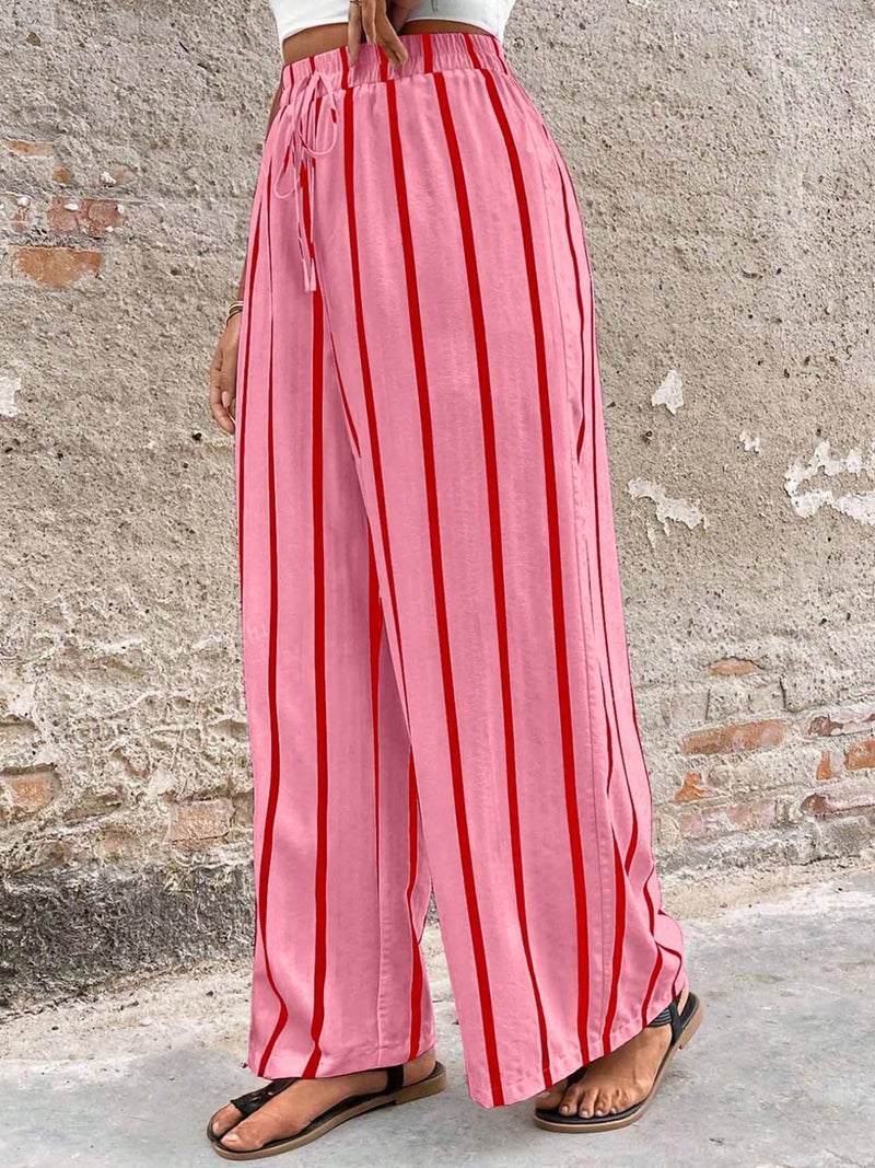 Acelitt Women Casual Striped Loose Wide Leg Pants Drawstring Elastic High Waisted 2026 Fall Fashion Relaxed Fit Beach Pants Trousers Rose Large - Image 4
