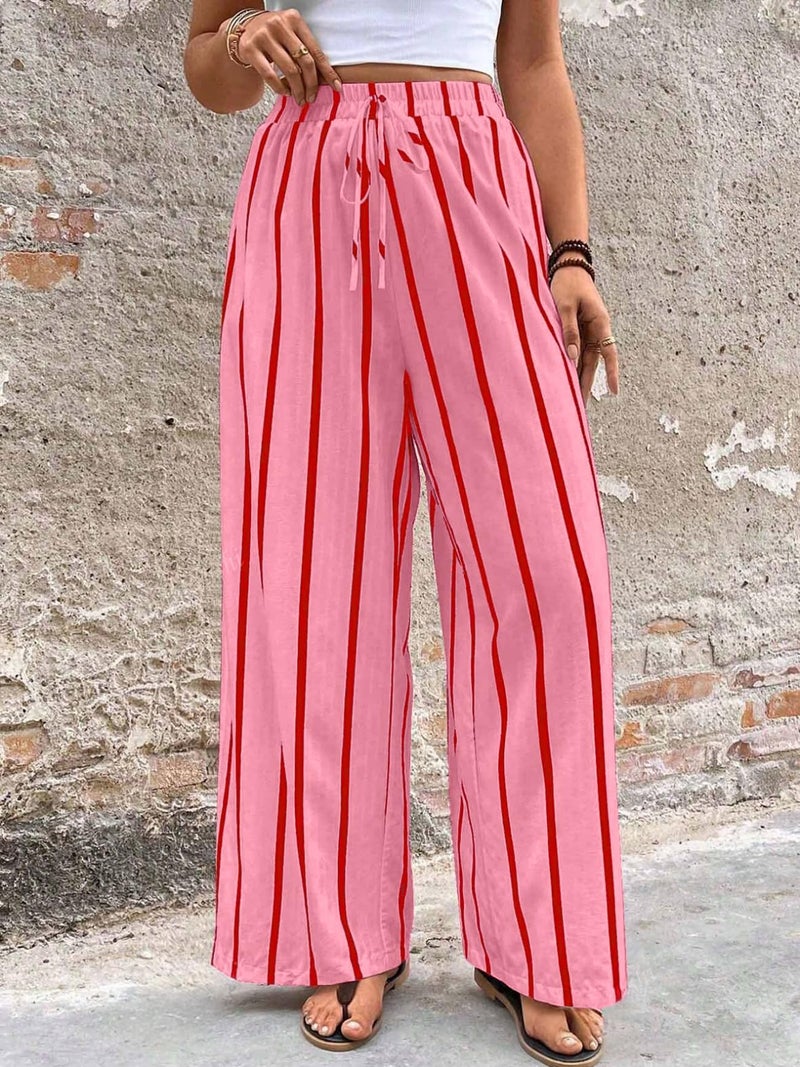 Acelitt Women Casual Striped Loose Wide Leg Pants Drawstring Elastic High Waisted 2026 Fall Fashion Relaxed Fit Beach Pants Trousers Rose Large - Image 2