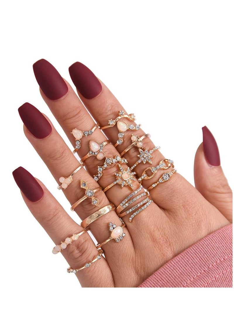 KASTWAVE 17PCS Boho Crystal Knuckle Stacking Rings Set Gold Vintage Stackable Joint Midi Finger Rings Set for Women Girls - Image 4