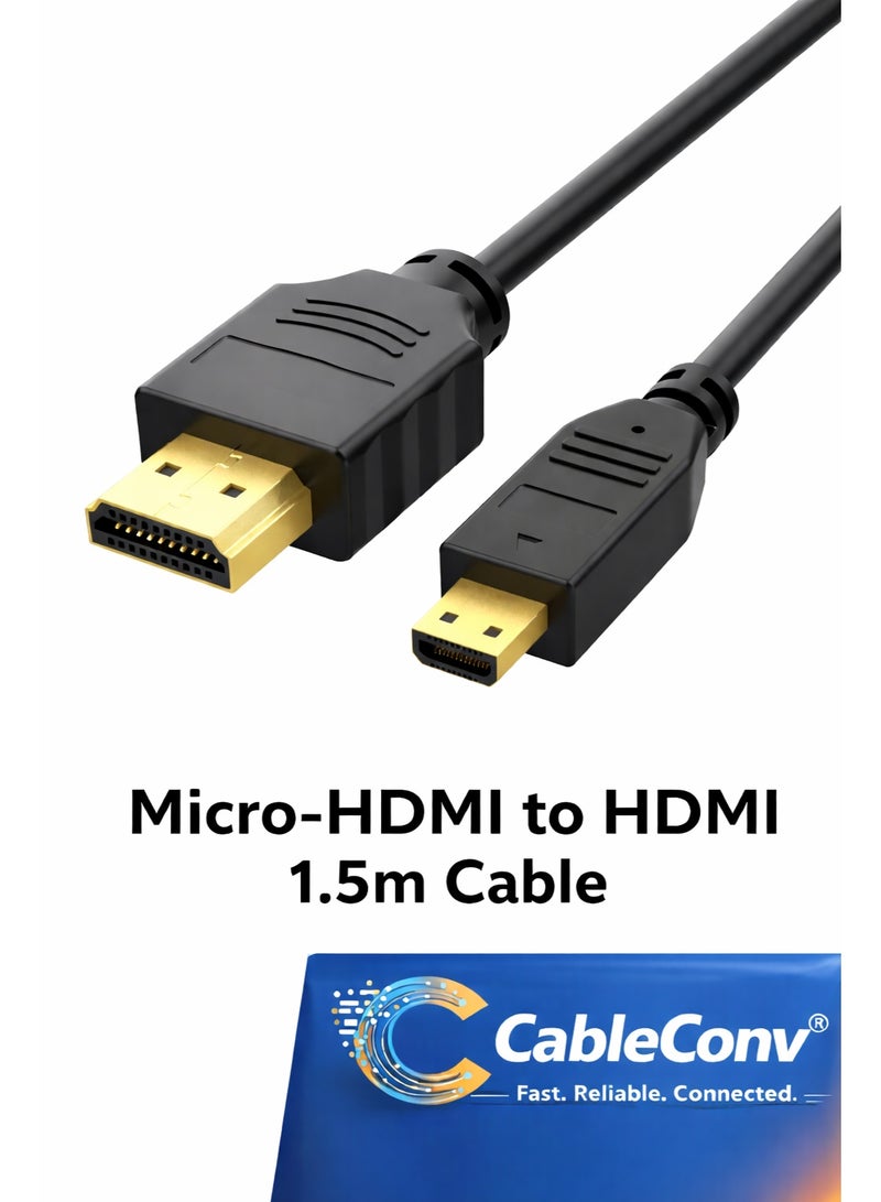 CABLE CONV Micro HDMI to HDMI Cable 1.5m – Gold-Plated High-Speed Micro HDMI to HDMI Cable, 20-Pin Connector, Compatible with TV, PS5, Xbox, Cameras & Streaming Devices - Image 1
