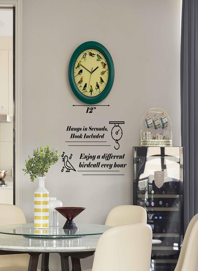 Clockswise 12" Round Decorative Singing Bird Wall Clock Battery-Operated with Wild Nature Sounds Hourly Chime (Green) - Image 2