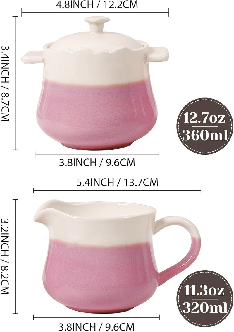 INGOFIN Ceramic Sugar and Creamer Set, 2-Piece French Style Cream Pitcher and Sugar Bowl with Lid, Coffee and Tea Serving Set for Home and Kitchen, Microwave & Dishwasher Safe, Pink and Beige - Image 2