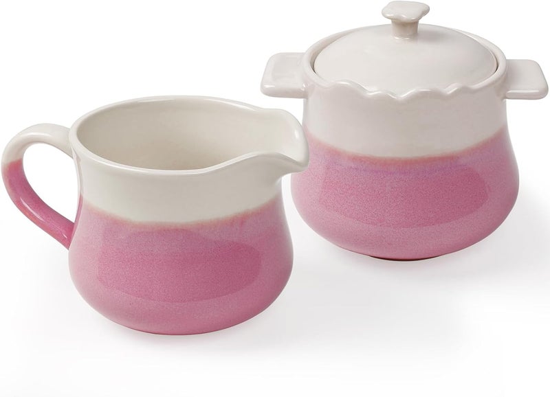 INGOFIN Ceramic Sugar and Creamer Set, 2-Piece French Style Cream Pitcher and Sugar Bowl with Lid, Coffee and Tea Serving Set for Home and Kitchen, Microwave & Dishwasher Safe, Pink and Beige - Image 1
