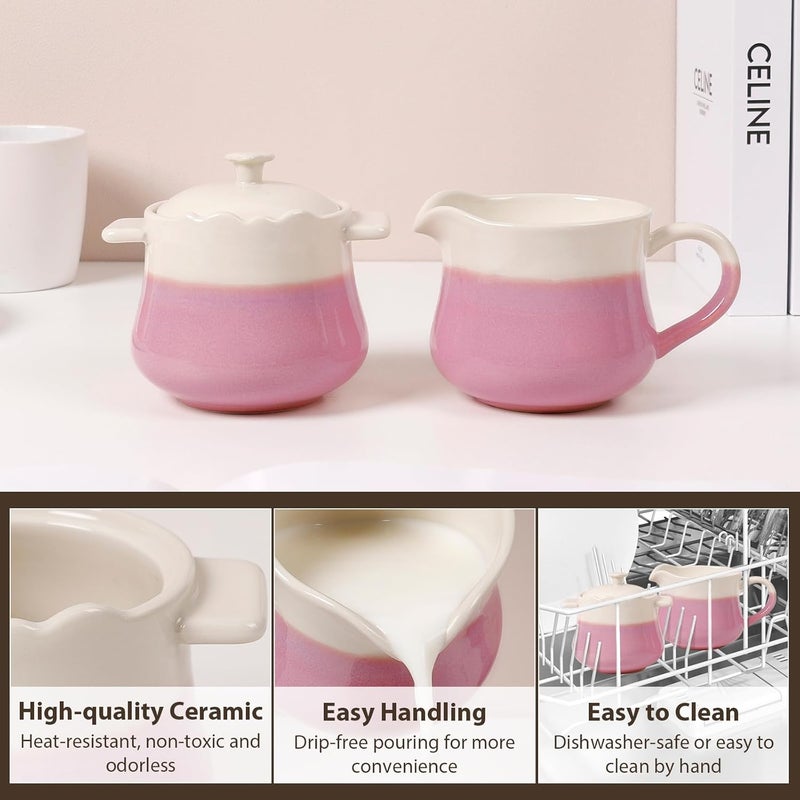 INGOFIN Ceramic Sugar and Creamer Set, 2-Piece French Style Cream Pitcher and Sugar Bowl with Lid, Coffee and Tea Serving Set for Home and Kitchen, Microwave & Dishwasher Safe, Pink and Beige - Image 3