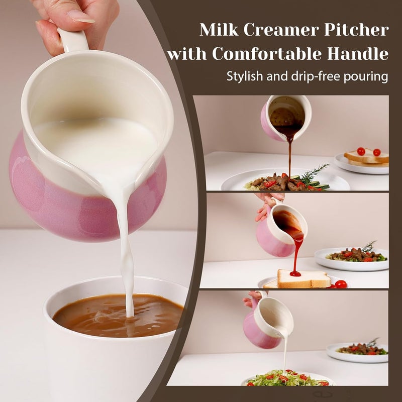 INGOFIN Ceramic Sugar and Creamer Set, 2-Piece French Style Cream Pitcher and Sugar Bowl with Lid, Coffee and Tea Serving Set for Home and Kitchen, Microwave & Dishwasher Safe, Pink and Beige - Image 5