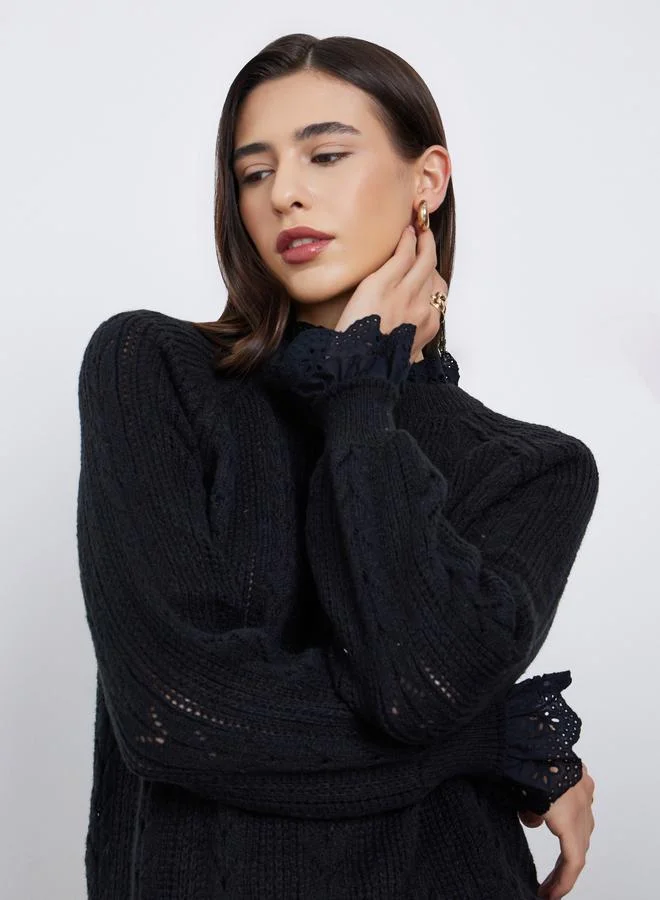 Styli Black Regular Fit Ruffle Schiffli Trim Knit Sweater