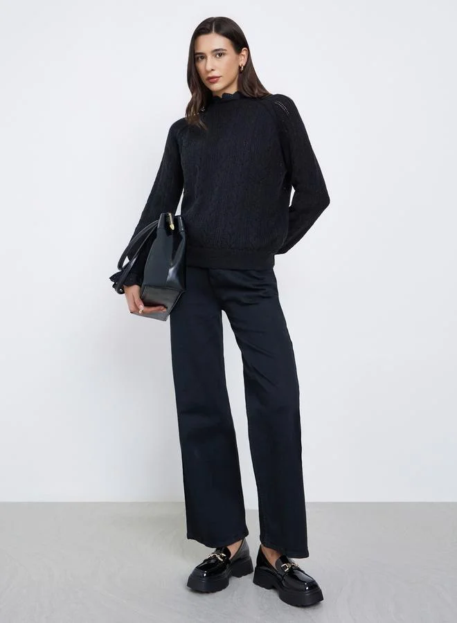 Styli Black Regular Fit Ruffle Schiffli Trim Knit Sweater