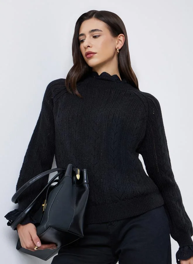 Styli Black Regular Fit Ruffle Schiffli Trim Knit Sweater