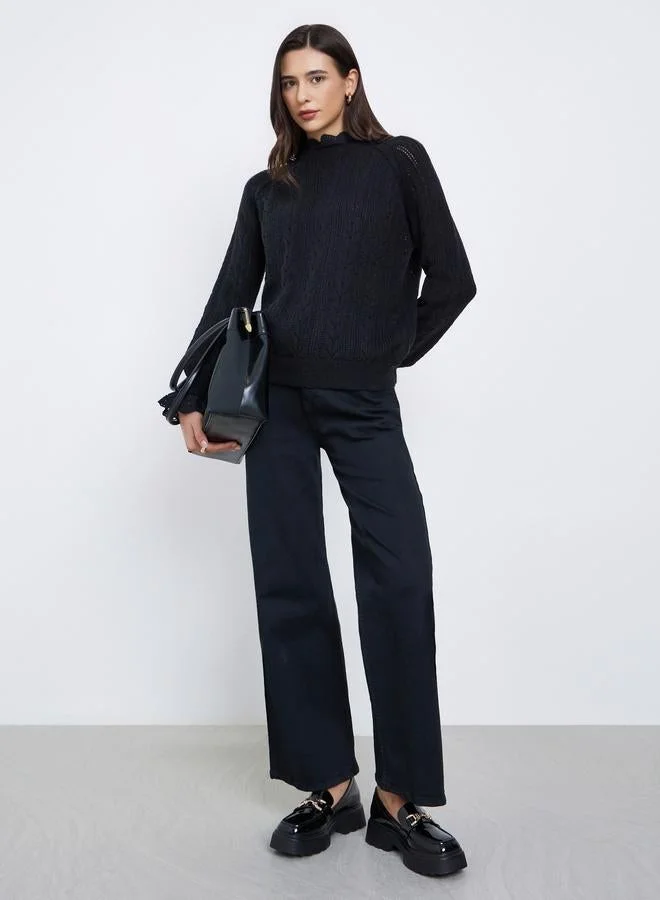 Styli Black Regular Fit Ruffle Schiffli Trim Knit Sweater