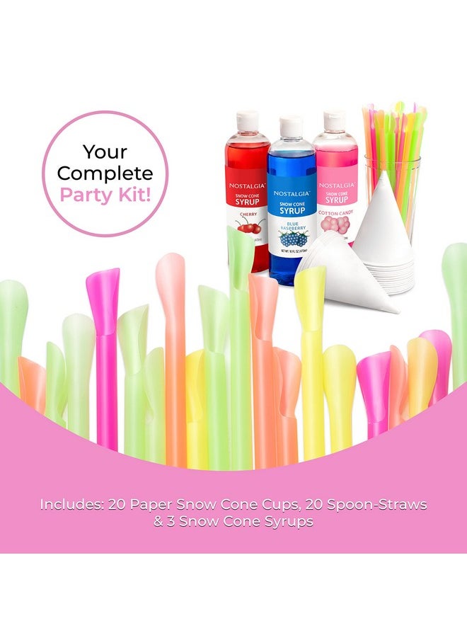 نوستالجيا - مجموعة Nostalgia Premium Snow Cone Party Kit، 3 أنواع من الشراب، توت العليق الأزرق، الكرز، حلوى القطن، 20 كوبًا وملعقة من القش - Image 1