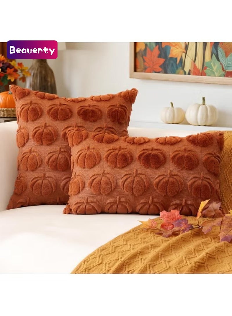 Beauenty Set of 2 Pumpkin Cushion Covers, Plush Short Wool Decorative Cushion Covers, Autumn Boho Cushion Covers, Sofa Cushion, Modern Cushion Cover, Autumn Decoration for Living Room, Garden (30 x 50 cm) - Image 1