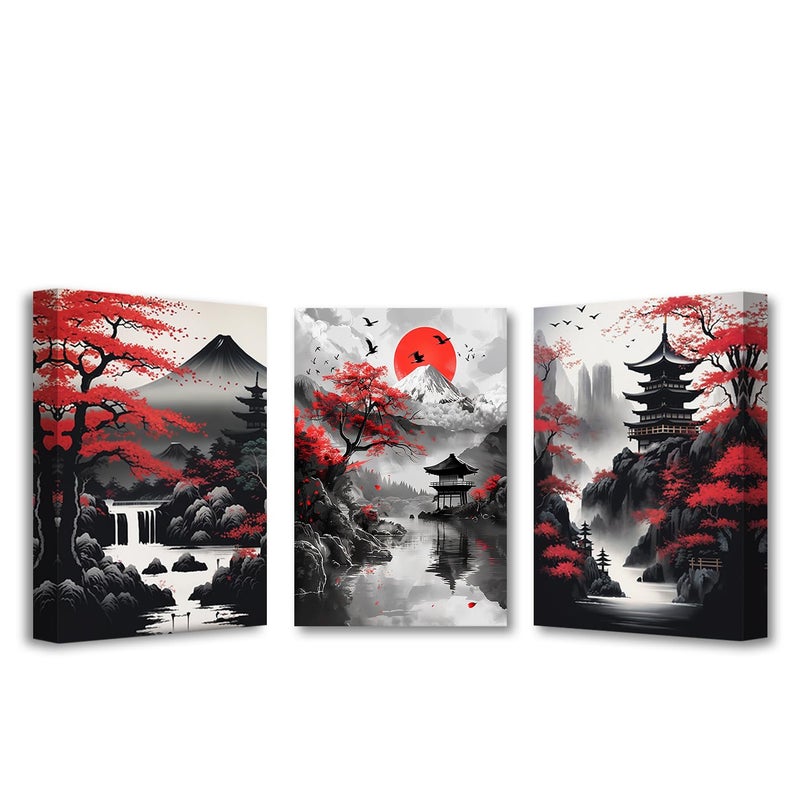 PBXBJY Japanese Canvas Wall Art 3 Pieces Japanese Landscape Painting Prints Red and Black Cherry Blossom Trees Building Pictures Living Room Office Decor Frame (12x16inchx3Pcs) - Image 1