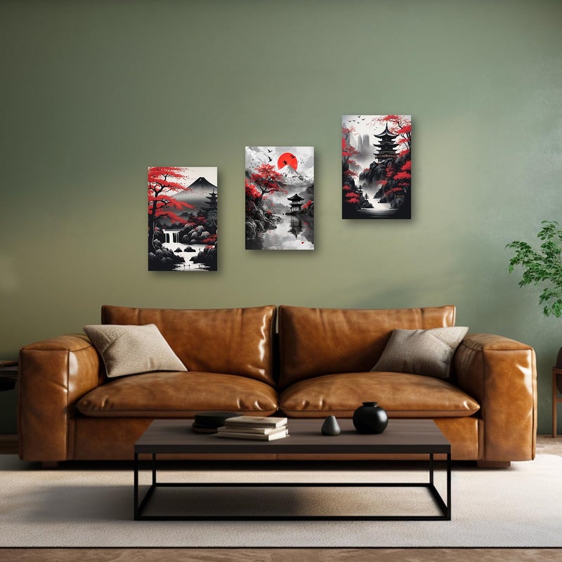 PBXBJY Japanese Canvas Wall Art 3 Pieces Japanese Landscape Painting Prints Red and Black Cherry Blossom Trees Building Pictures Living Room Office Decor Frame (12x16inchx3Pcs) - Image 4
