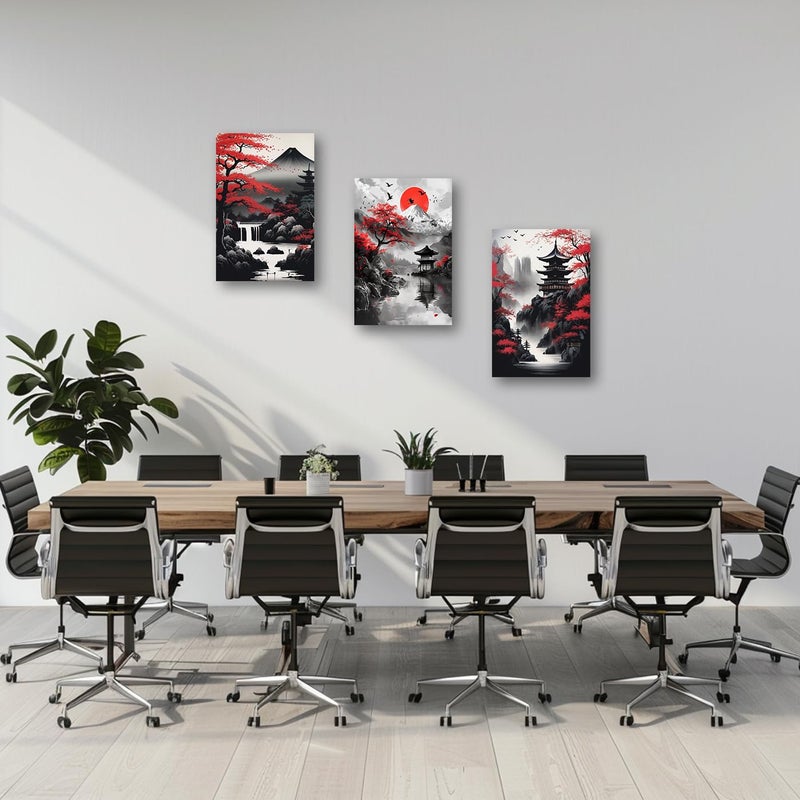 PBXBJY Japanese Canvas Wall Art 3 Pieces Japanese Landscape Painting Prints Red and Black Cherry Blossom Trees Building Pictures Living Room Office Decor Frame (12x16inchx3Pcs) - Image 3