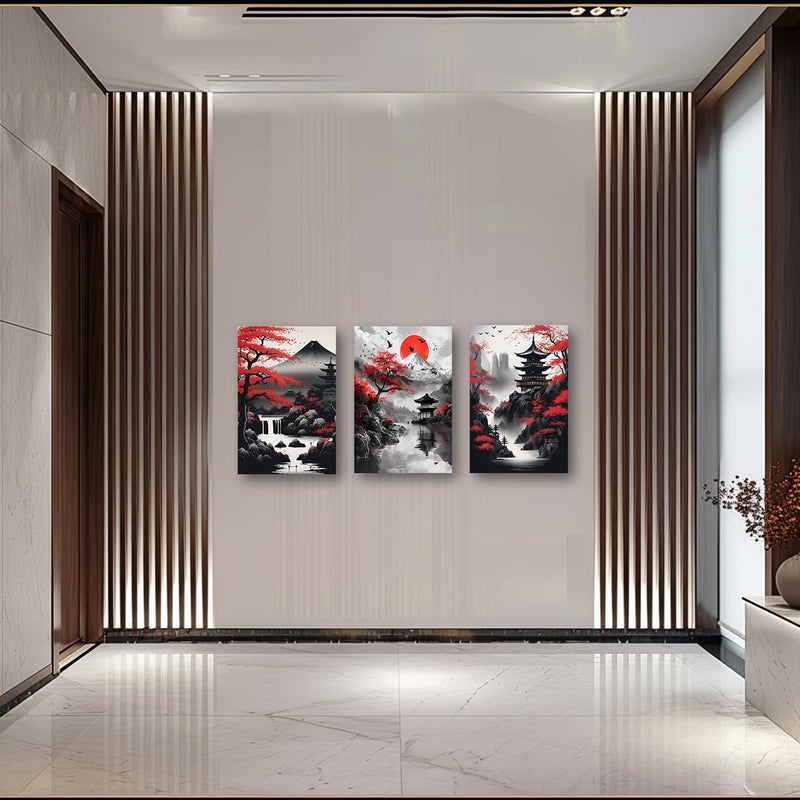 PBXBJY Japanese Canvas Wall Art 3 Pieces Japanese Landscape Painting Prints Red and Black Cherry Blossom Trees Building Pictures Living Room Office Decor Frame (12x16inchx3Pcs) - Image 2