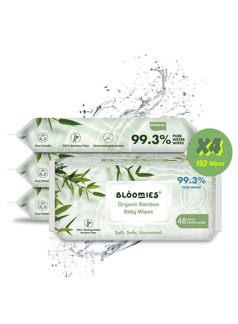Bloomies Organic Bamboo Baby Wet Wipes, 99.3% Pure Water Wipes, Unscented, Extra Large, Eco-friendly, Soft, 100% Biodegradable Bamboo Fiber, 4 Packs of 48 Wipes (288 Wipes) - Image 1