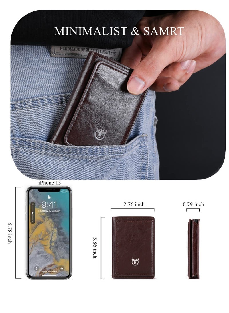 Slim Minimalist Wallet for Men with Phone Stand Compact Metal Pop Up Design Leather Credit Card Holder with Cash Strap in Coffee - Image 5