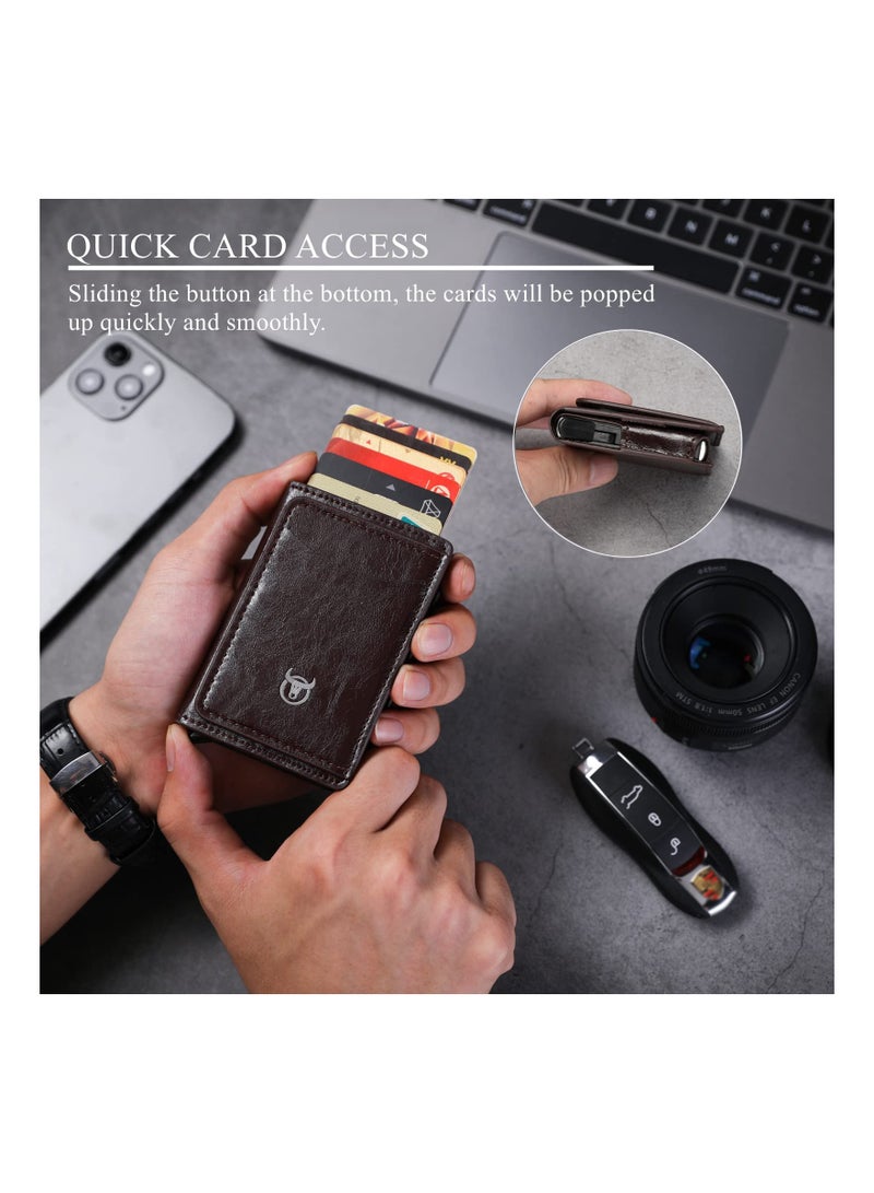 Slim Minimalist Wallet for Men with Phone Stand Compact Metal Pop Up Design Leather Credit Card Holder with Cash Strap in Coffee - Image 3
