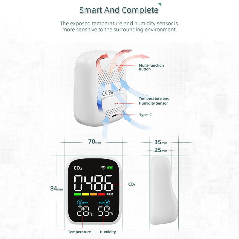 PV28-AW Smart WIFI Mini CO2 Detector, Portable 3-in-1 Indoor Air Quality Monitor, Digital CO2 Temperature Humidity Meter Monitor Carbon Dioxide Detector Measuring Range 400-5000 PPM CO2 Tester for - Image 3
