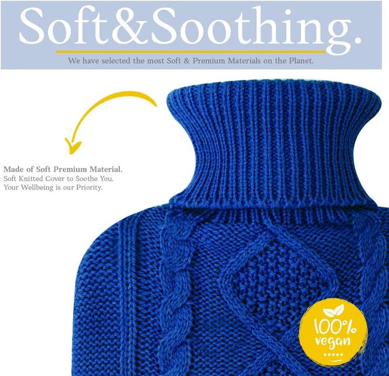 Qomfor Hot Water Bottle - Premium Soft Knit Cover - Large Capacity 1.8L - Hot Water Bottle with Knitted House for Pain Relief, Back, Neck & Shoulders & Cosy Warm Nights - Dark Blue - Image 2