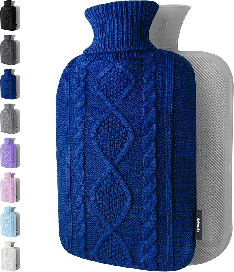 Qomfor Hot Water Bottle - Premium Soft Knit Cover - Large Capacity 1.8L - Hot Water Bottle with Knitted House for Pain Relief, Back, Neck & Shoulders & Cosy Warm Nights - Dark Blue - Image 1