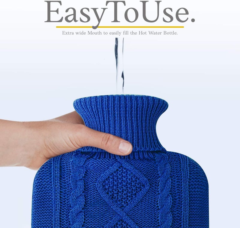 Qomfor Hot Water Bottle - Premium Soft Knit Cover - Large Capacity 1.8L - Hot Water Bottle with Knitted House for Pain Relief, Back, Neck & Shoulders & Cosy Warm Nights - Dark Blue - Image 4