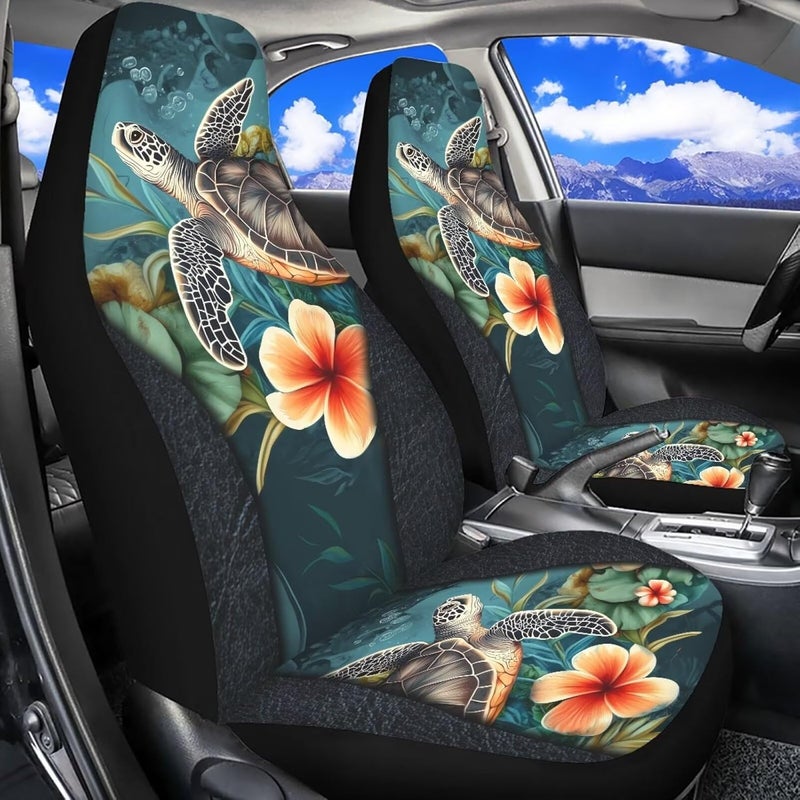TOADDMOS Hawaii Turtle Car Front Seat Cover Set Floral Automotive Car Interior Covers Full Wrapping Edge Seat Cover for Full Back and Seat Universal Fits Most Vehicles,Trucks,SUVs,Vans,Set of 2 - Image 2