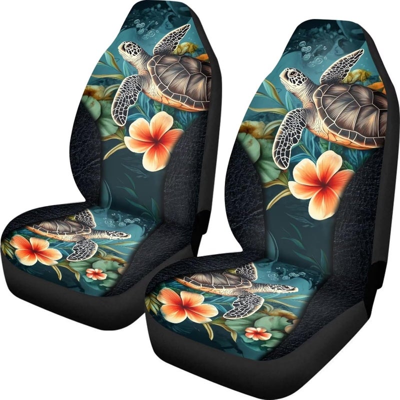 TOADDMOS Hawaii Turtle Car Front Seat Cover Set Floral Automotive Car Interior Covers Full Wrapping Edge Seat Cover for Full Back and Seat Universal Fits Most Vehicles,Trucks,SUVs,Vans,Set of 2 - Image 1