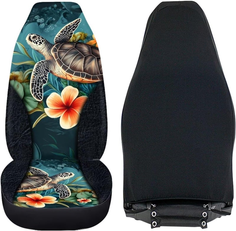 TOADDMOS Hawaii Turtle Car Front Seat Cover Set Floral Automotive Car Interior Covers Full Wrapping Edge Seat Cover for Full Back and Seat Universal Fits Most Vehicles,Trucks,SUVs,Vans,Set of 2 - Image 3