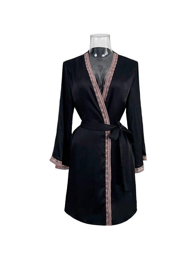 fdsport - Ladies Lace Satin Nightgown, V-Neck Long-Sleeved Silk Bathrobe Nightgown, Fashionable Ice Silk Dress, Silk Nightgown, Lace Pajamas, Home Clothes, Black - Image 1