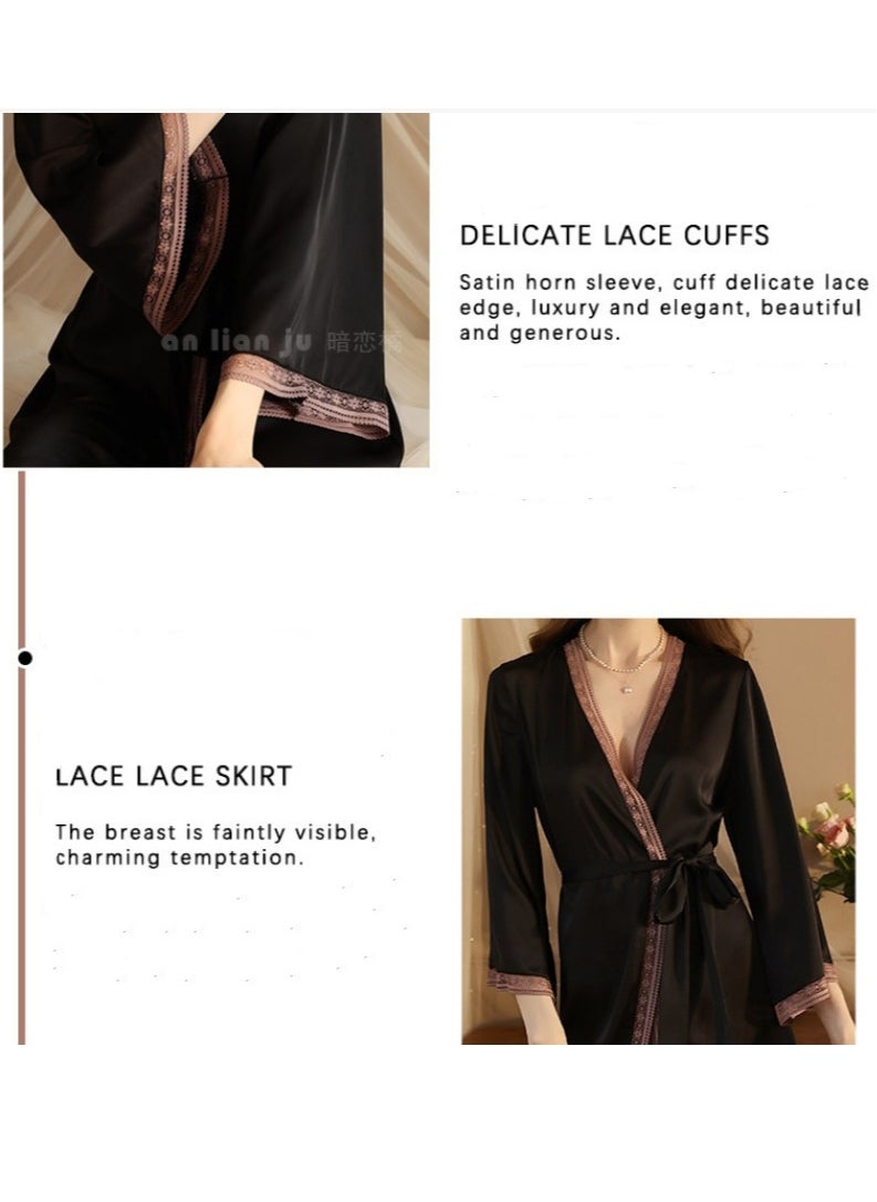fdsport - Ladies Lace Satin Nightgown, V-Neck Long-Sleeved Silk Bathrobe Nightgown, Fashionable Ice Silk Dress, Silk Nightgown, Lace Pajamas, Home Clothes, Black - Image 1