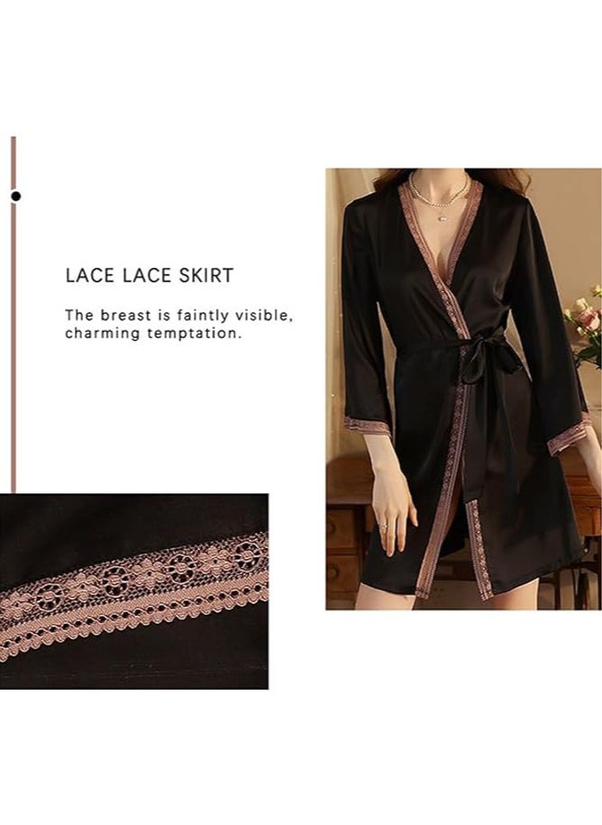 fdsport - Ladies Lace Satin Nightgown, V-Neck Long-Sleeved Silk Bathrobe Nightgown, Fashionable Ice Silk Dress, Silk Nightgown, Lace Pajamas, Home Clothes, Black - Image 1
