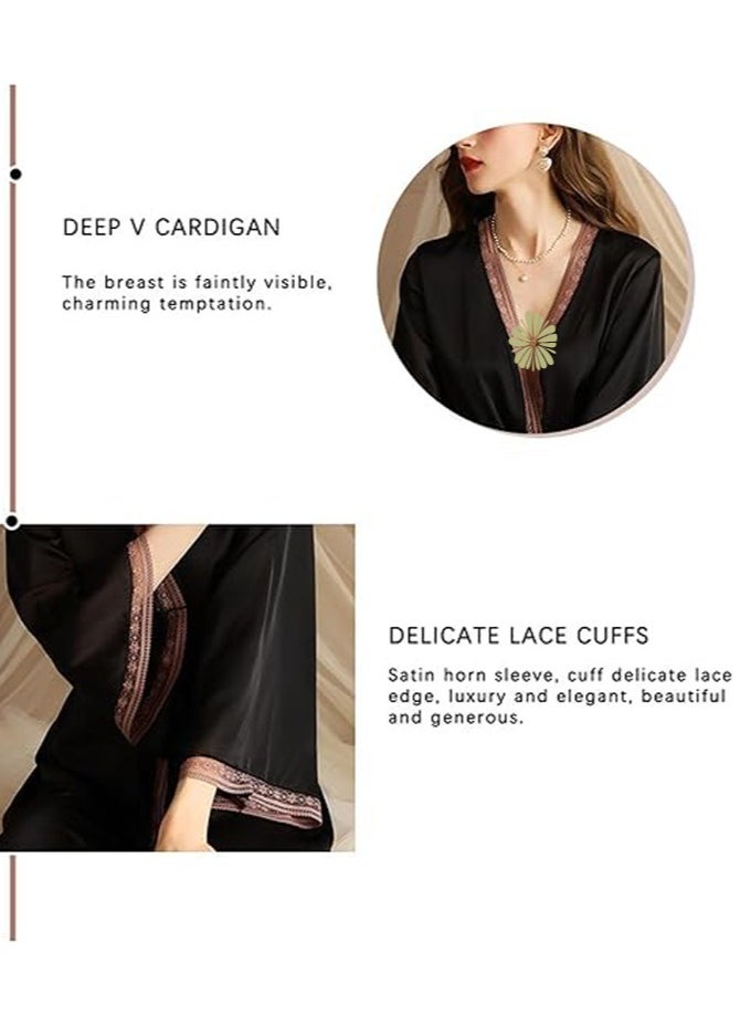 fdsport - Ladies Lace Satin Nightgown, V-Neck Long-Sleeved Silk Bathrobe Nightgown, Fashionable Ice Silk Dress, Silk Nightgown, Lace Pajamas, Home Clothes, Black - Image 1