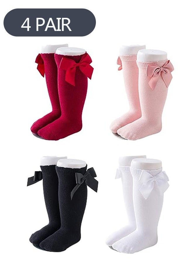 4-Pairs Baby Long Socks, Knee High Socks Bow Cotton Long Stockings for 0-1 Age Baby S - Image 1