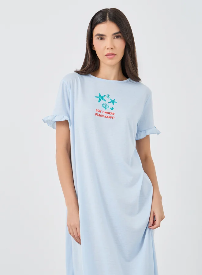 ستايلي Styli Ruffle Sleeve Beach Print Sleep T-Shirt Dress
