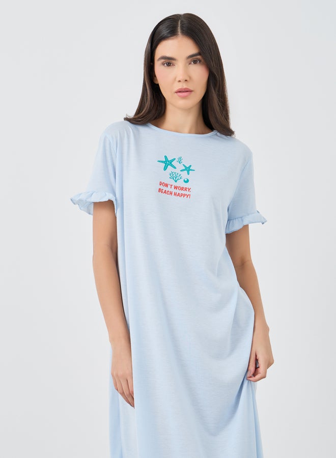 Styli Ruffle Sleeve Beach Print Sleep T-Shirt Dress - Image 2
