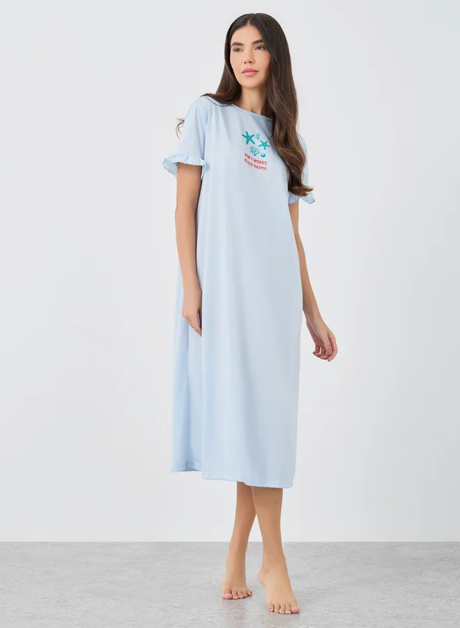 ستايلي Styli Ruffle Sleeve Beach Print Sleep T-Shirt Dress
