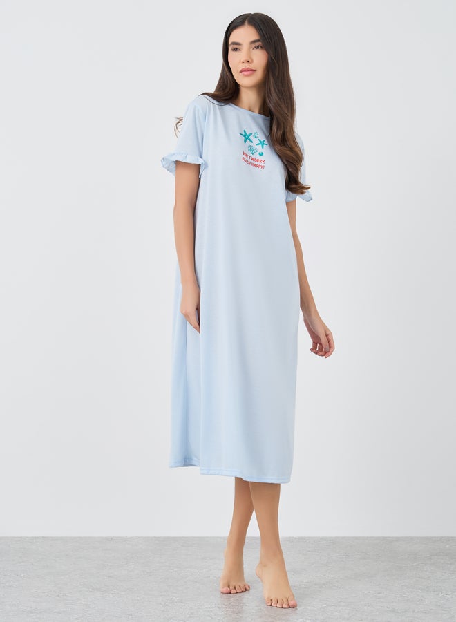 Styli Ruffle Sleeve Beach Print Sleep T-Shirt Dress - Image 1