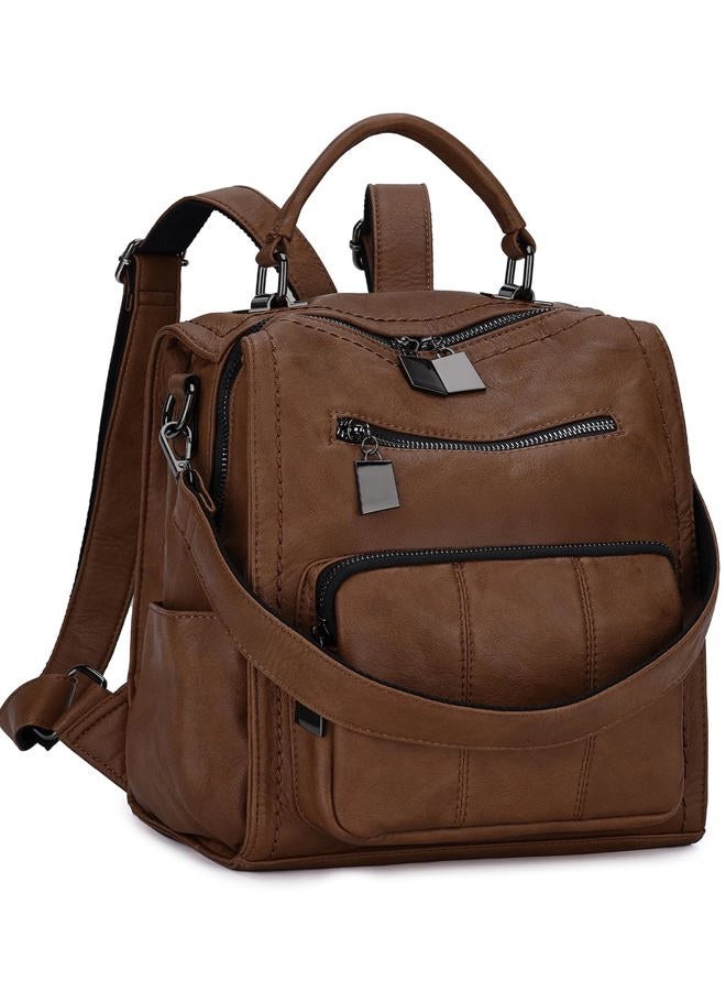 RAVUO Women Backpack Purse, PU Leather Mini Backpack Fashion Shoulder Bag for Ladies Three Ways to Carry, Brown, Small - Image 1
