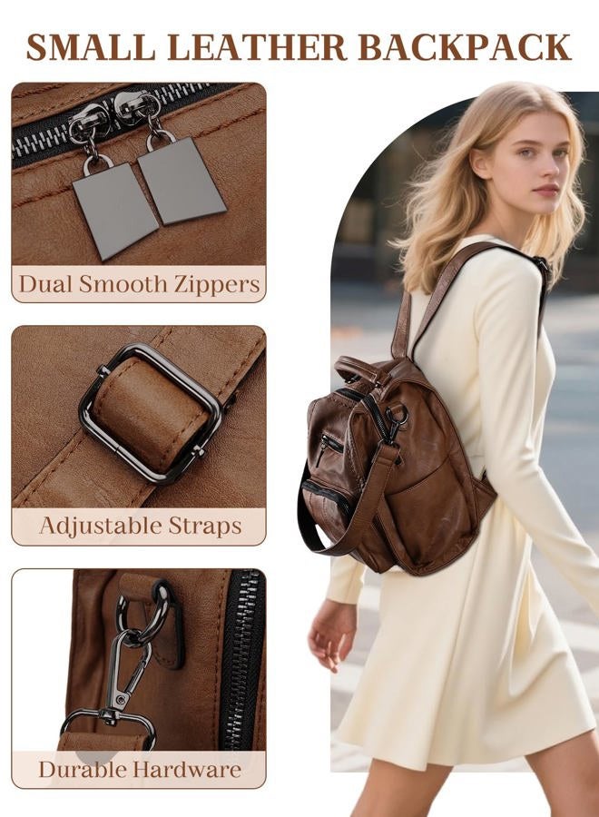 RAVUO Women Backpack Purse, PU Leather Mini Backpack Fashion Shoulder Bag for Ladies Three Ways to Carry, Brown, Small - Image 3