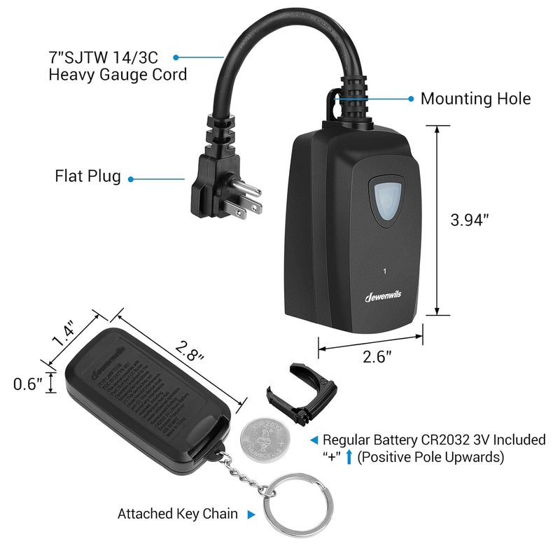 DEWENWILS Outdoor Remote Control Outlet, Weatherproof Wireless Electrical Plug in Light Switches, 7" Extension Cord,15 AMP, 100 FT Range, ETL Listed, 1 Remote 3 Outlets for Lamp/Lights/Fans - Image 5