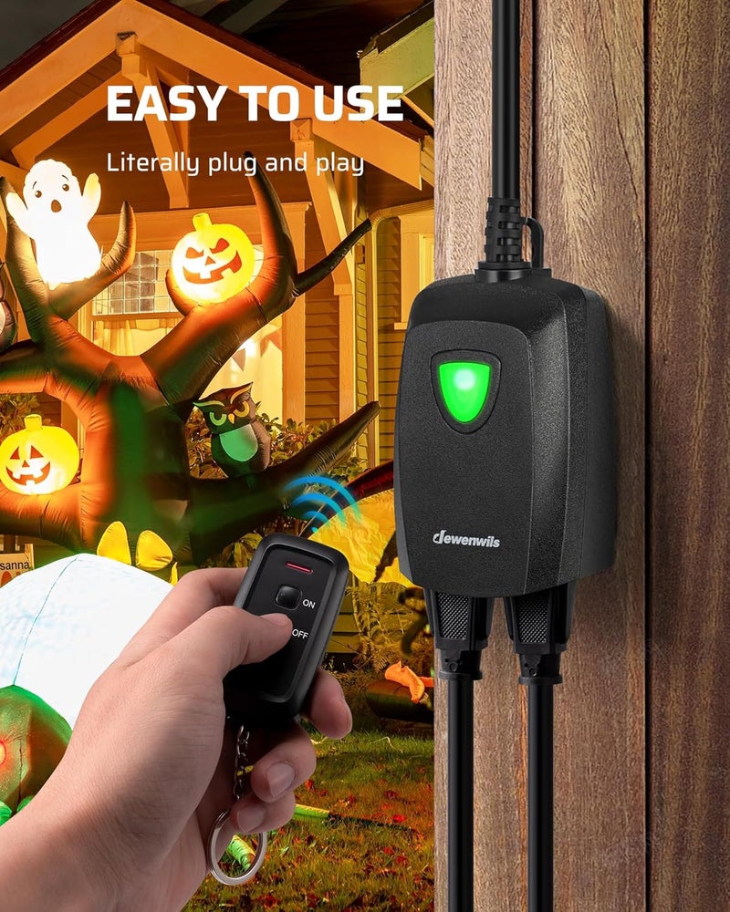 DEWENWILS Outdoor Remote Control Outlet, Weatherproof Wireless Electrical Plug in Light Switches, 7" Extension Cord,15 AMP, 100 FT Range, ETL Listed, 1 Remote 3 Outlets for Lamp/Lights/Fans - Image 2